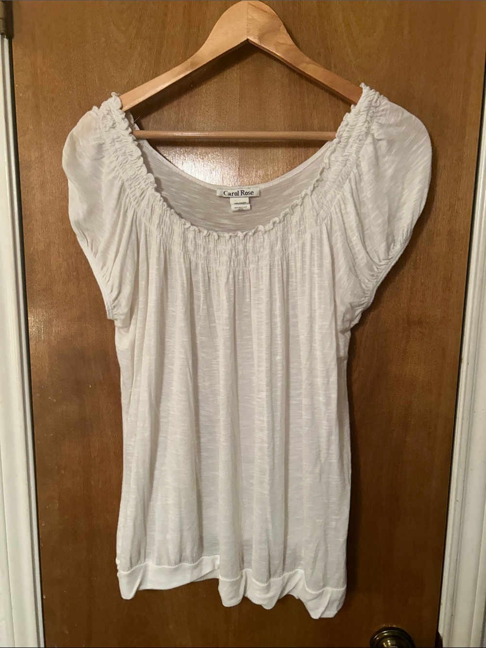 Carol Rose Cream Short Sleeve Smocked Neck Blouse. XL